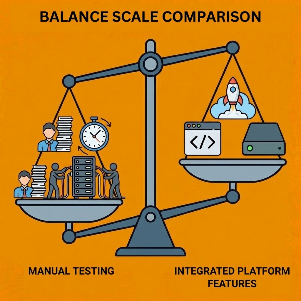 Balance scale comparing manual testing on one side with integrated platform features on the other